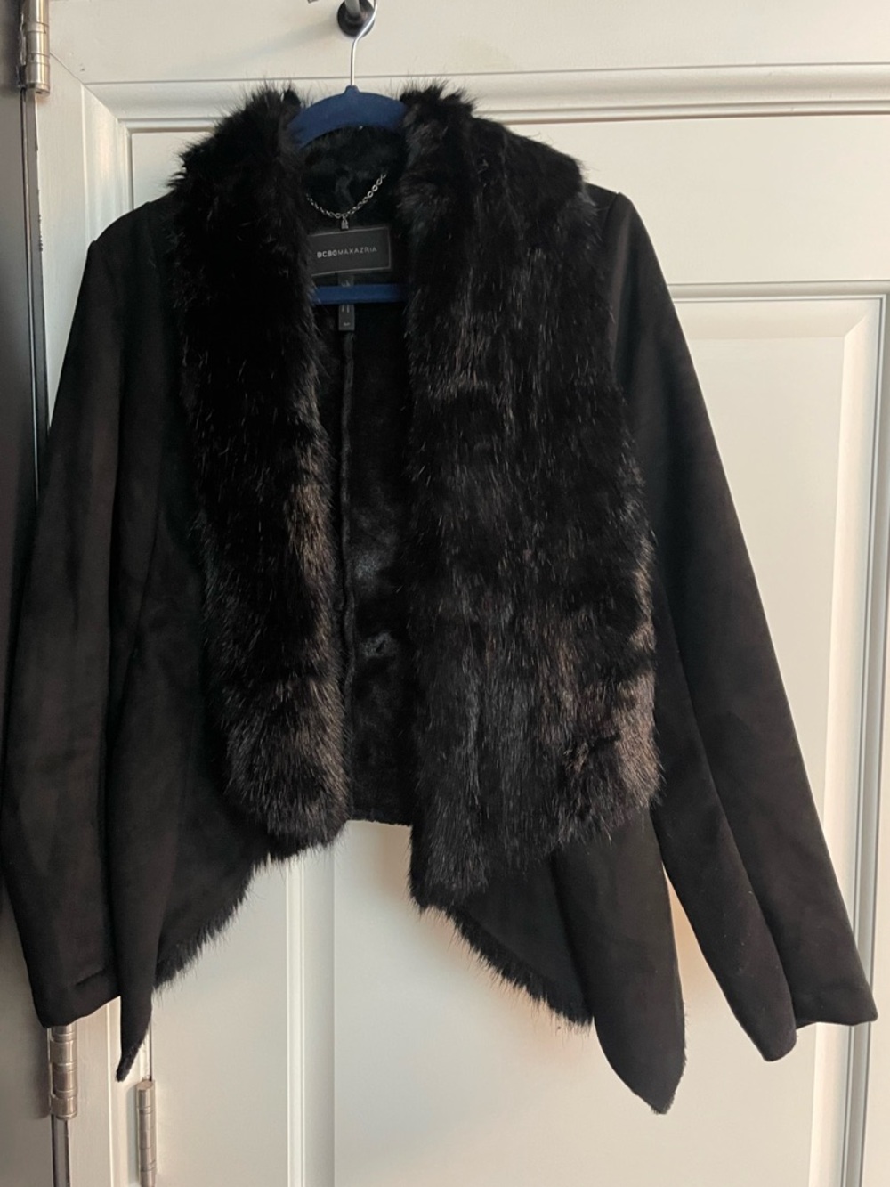 BCBGMaxAzria Black Faux Fur-Trim Suede Draped Jacket